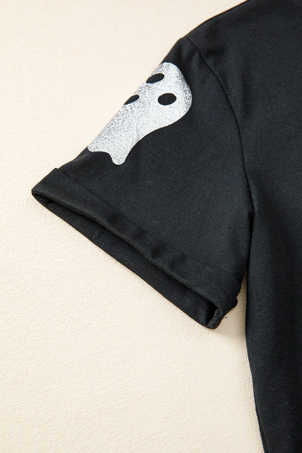 Black Glitter Ghost Pattern Crew Neck Halloween T Shirt 🇺🇸