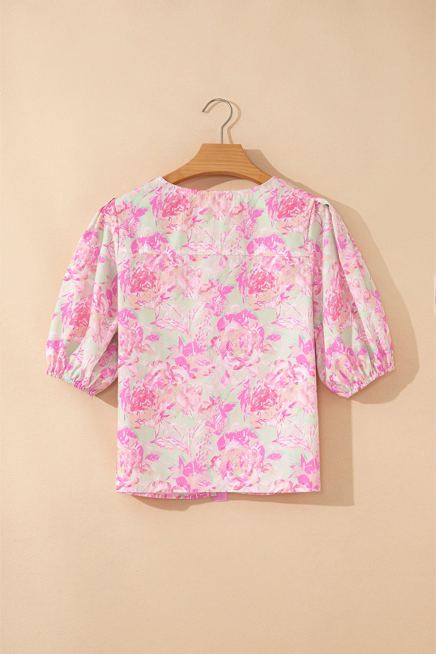 Pink Ribbon Knot Front Floral Short Puff Sleeve Blouse 🇺🇸
