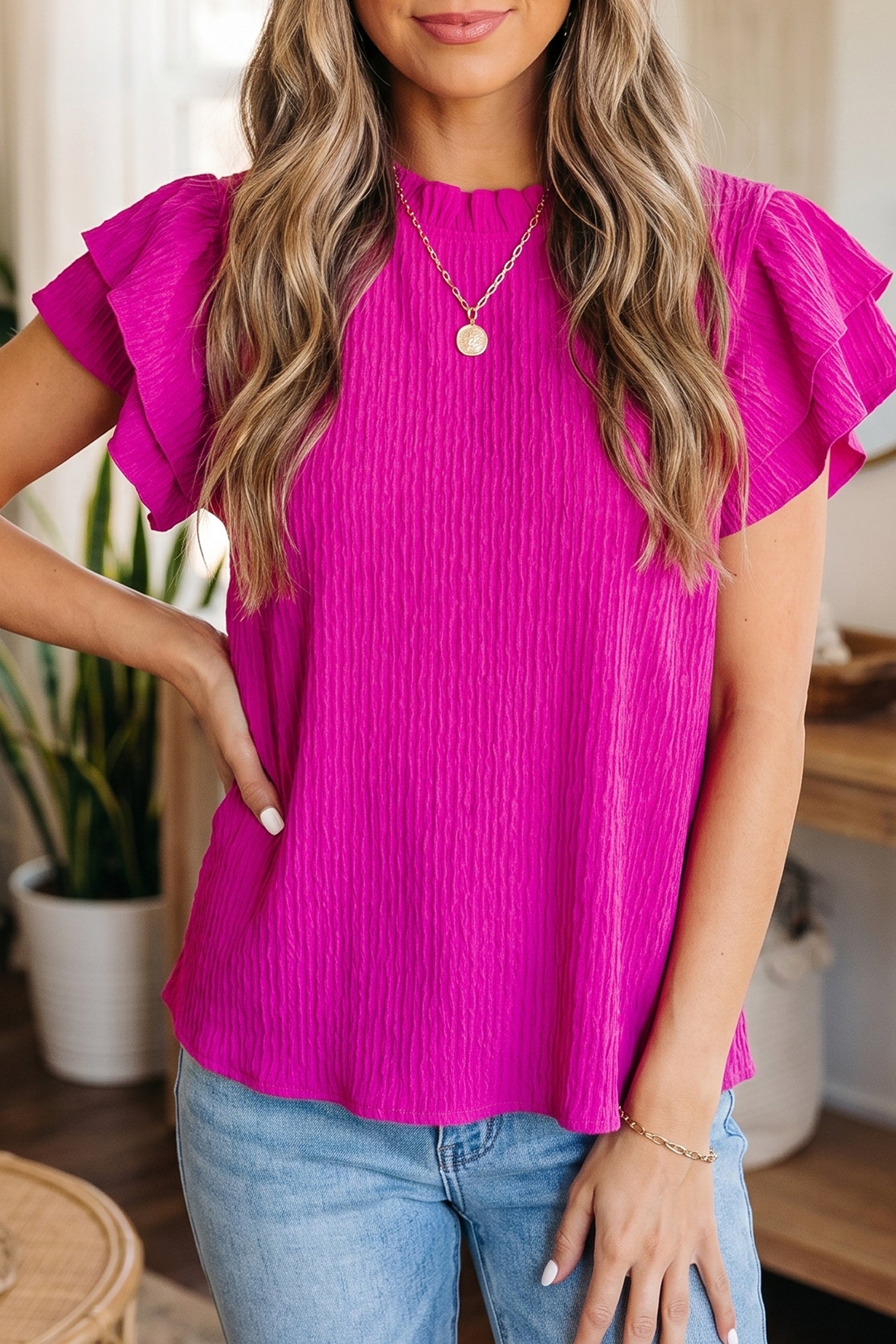 White Solid Color Textured Ruffle Trim Short Sleeve Blouse 🇺🇸