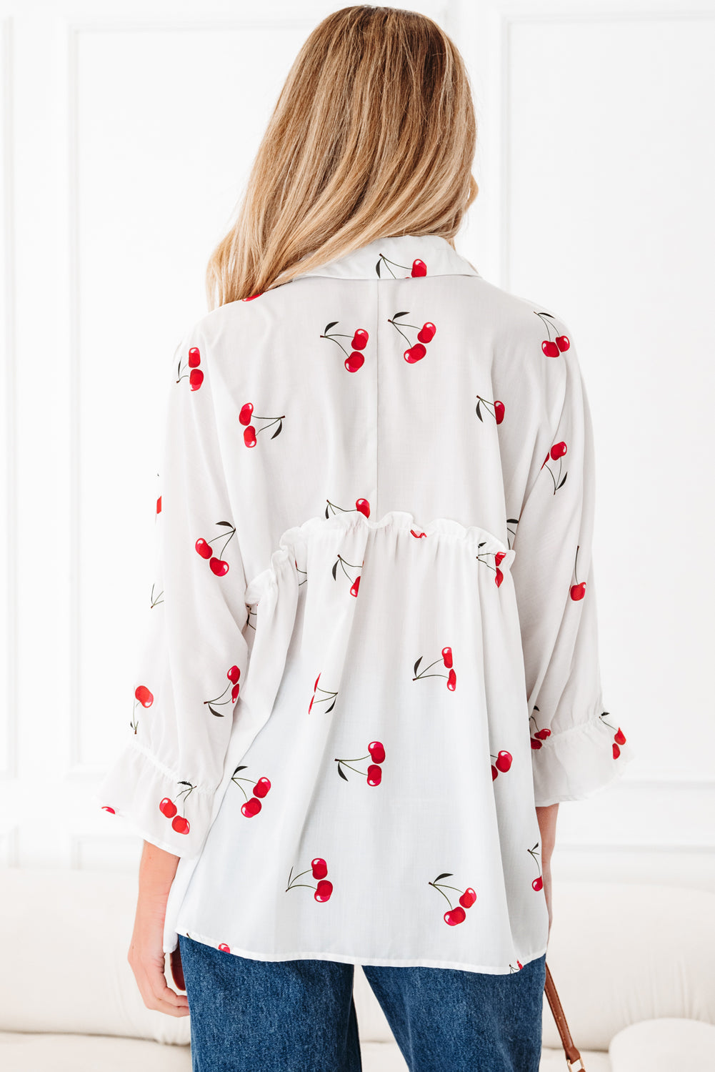 White Cherry Print Flounce Sleeve Collared Frilled Babydoll Blouse 🇺🇸