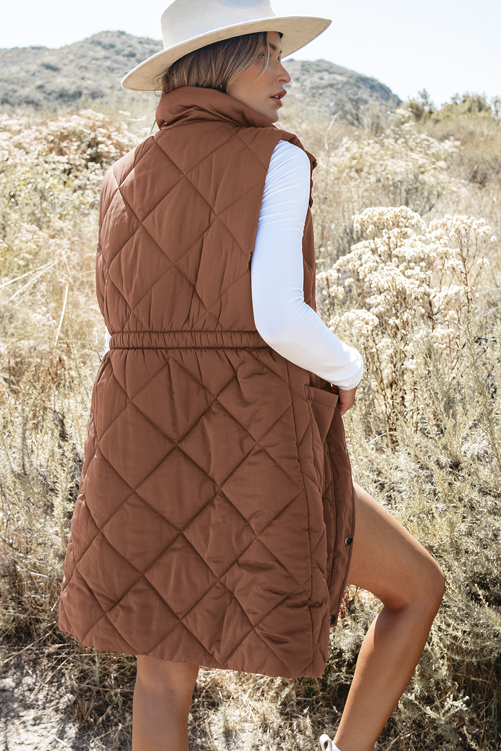 Coffee Longline Quilted Stand Collar Puffer Vest 🇺🇸
