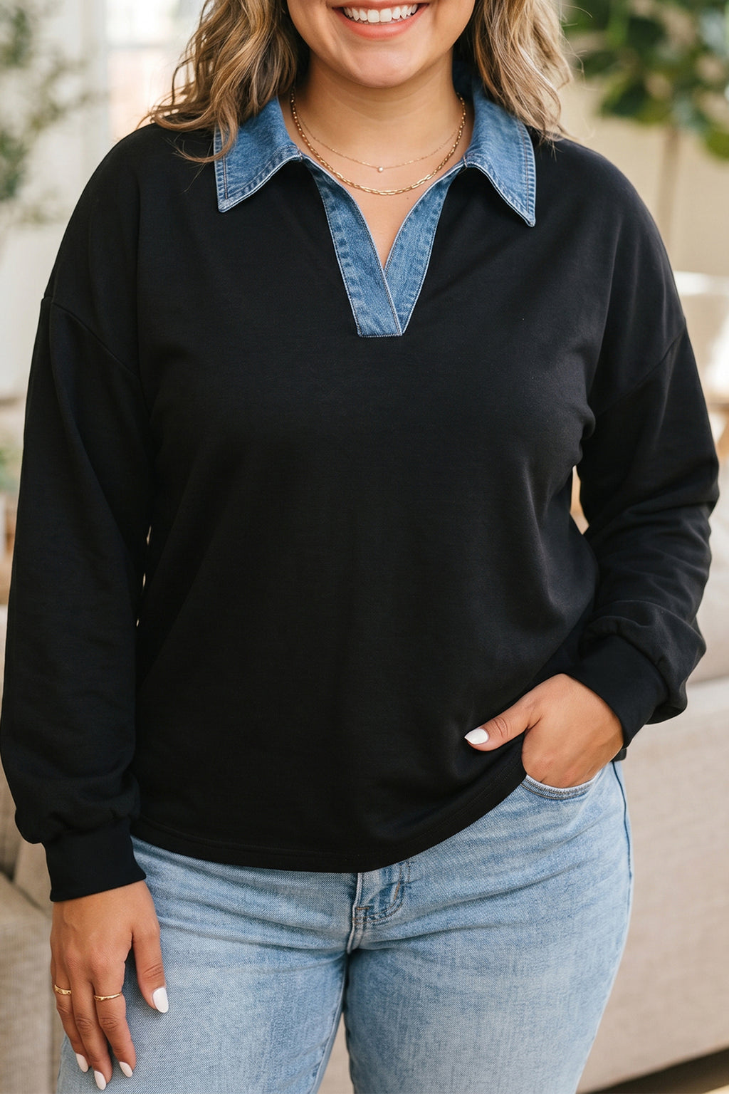 Black Solid V Neck Tunic Shift Long Sleeve Plus Size Blouse 🇺🇸