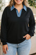 Black Solid V Neck Tunic Shift Long Sleeve Plus Size Blouse 🇺🇸