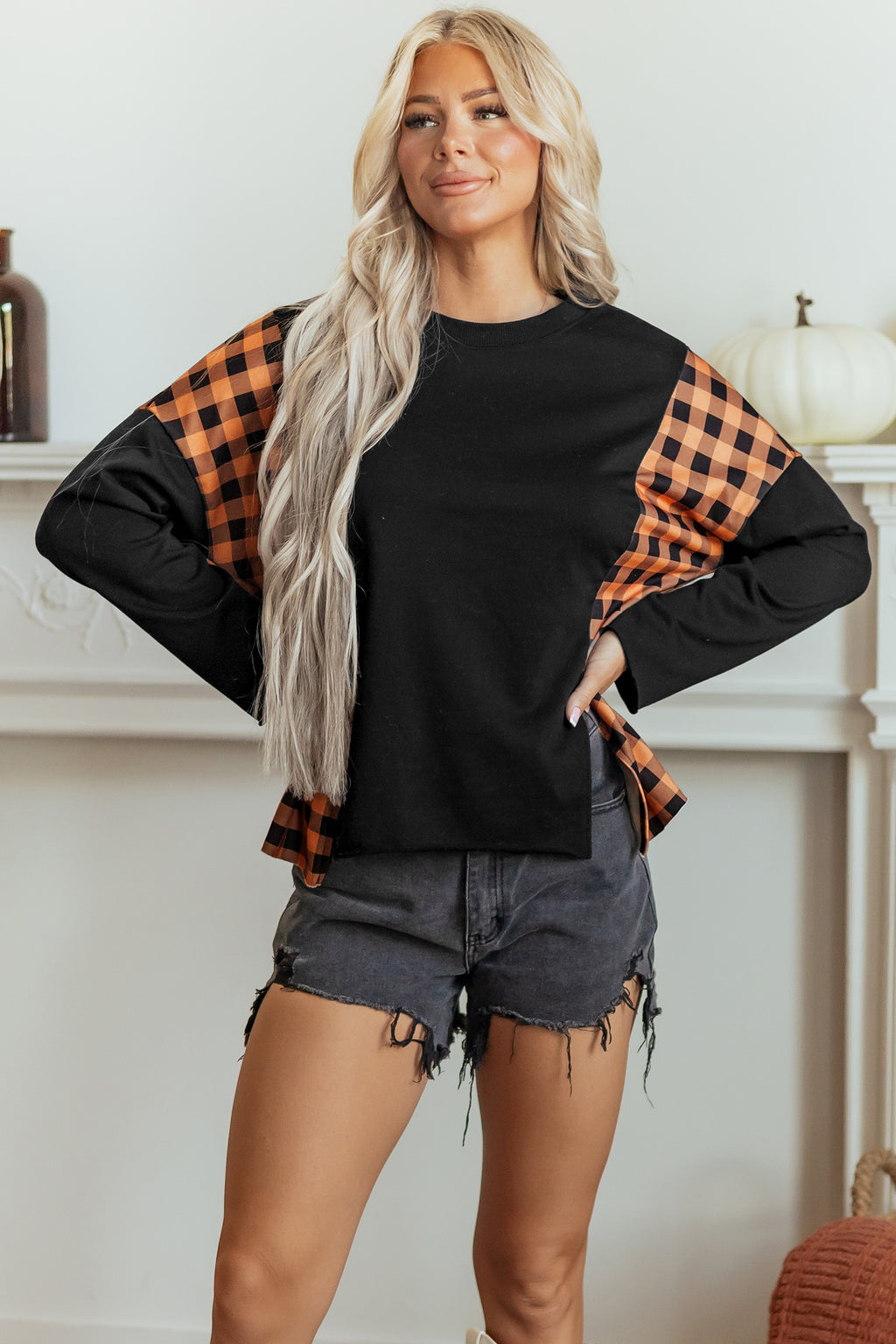 Black Patchwork Plaid Pumpkin Face Long Sleeve Top 🇺🇸
