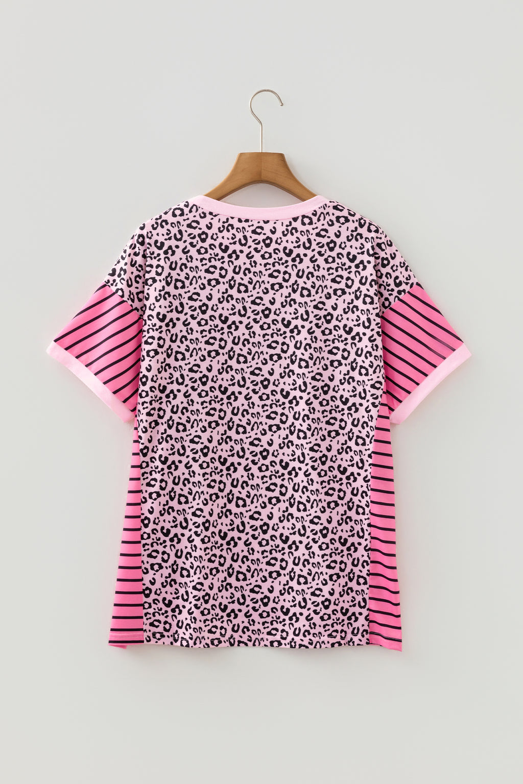 Pink Leopard Striped Patchwork Side Slit Loose Short Sleeve Top 🇺🇸