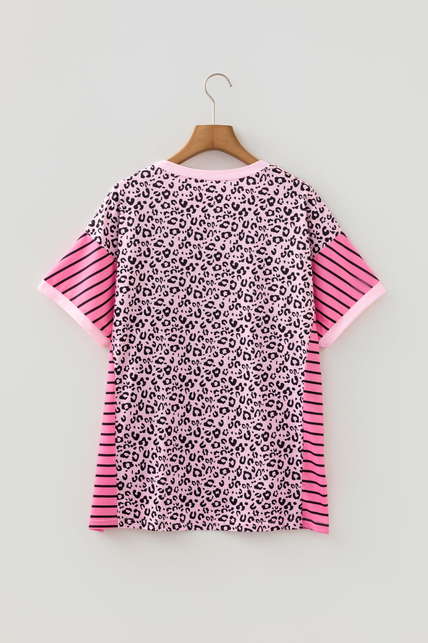 Pink Leopard Striped Patchwork Side Slit Loose Short Sleeve Top 🇺🇸