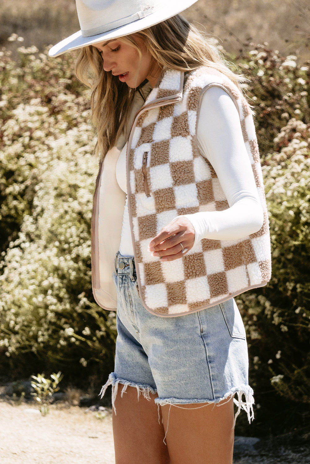 Khaki Checkered Sherpa Collared Jacket Vest 🇺🇸