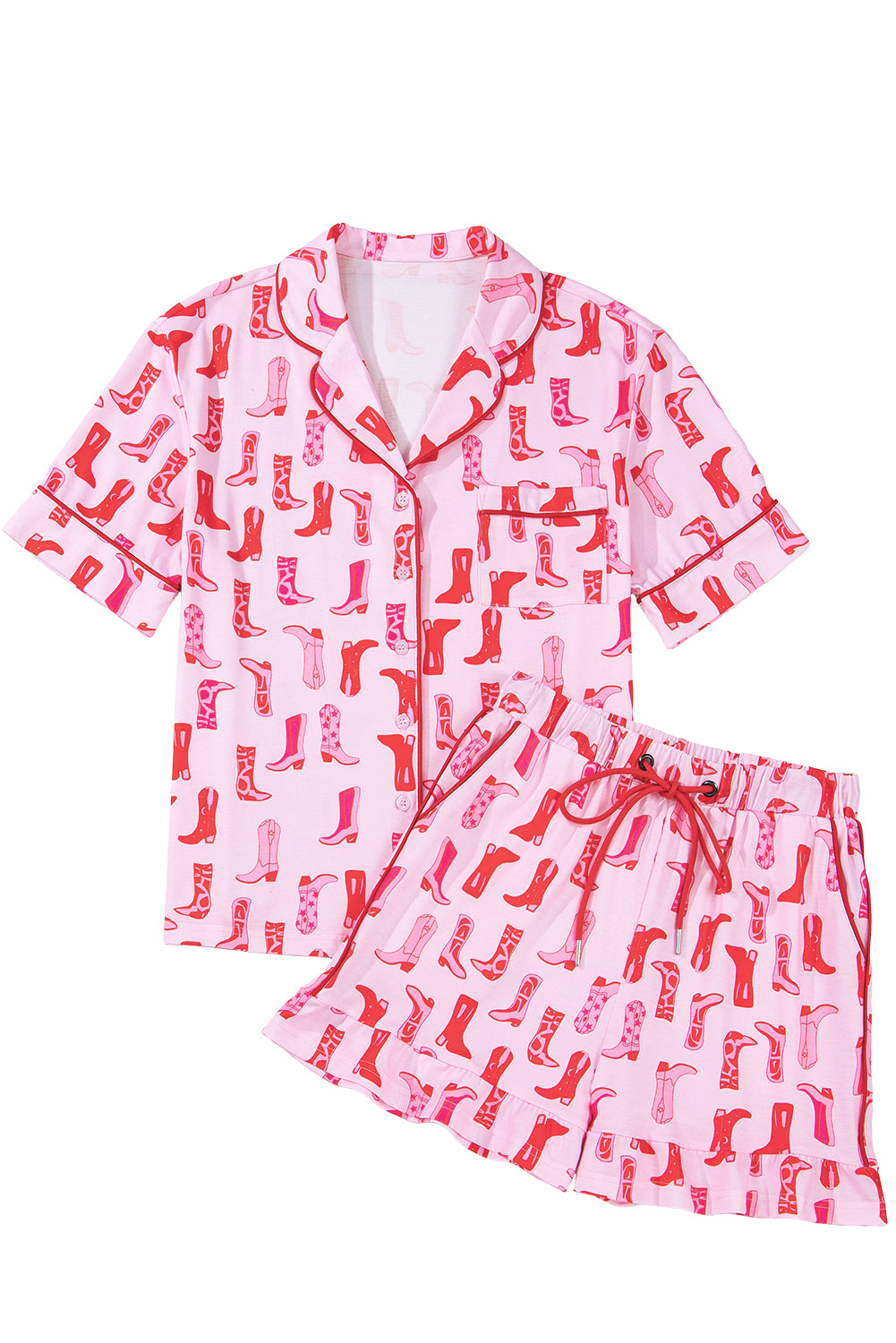 Pink Western Cowgirl Boots Printed Shirt Ruffled Shorts Pajama Set 🇨🇳