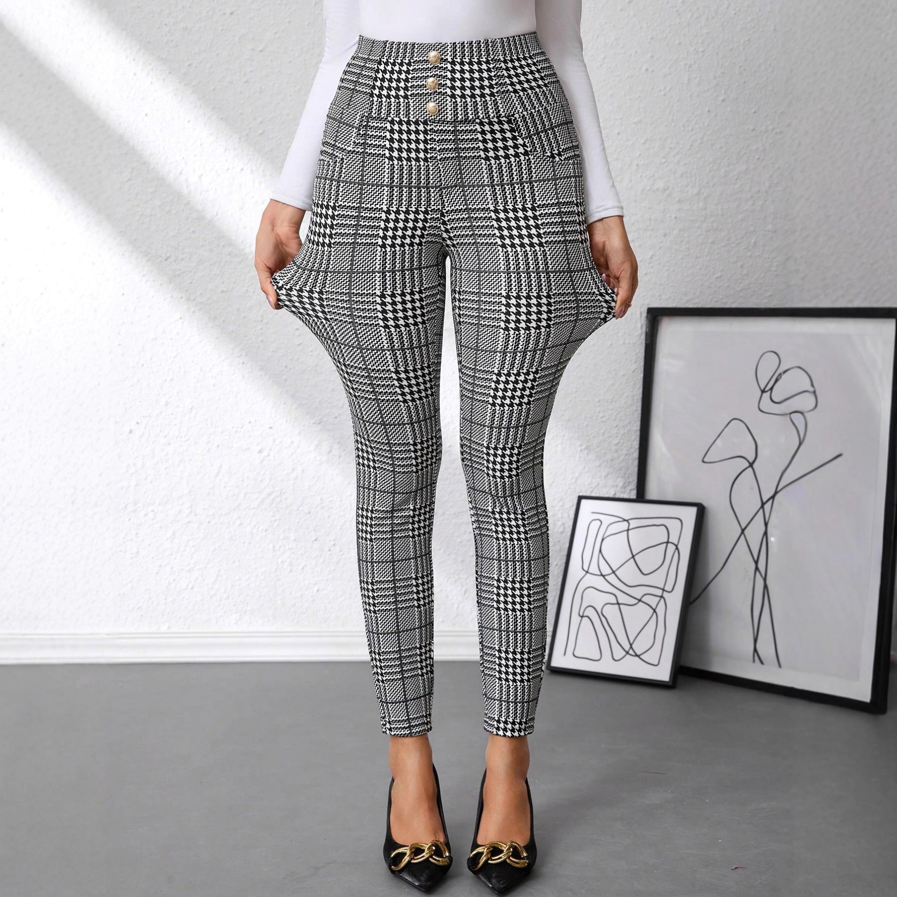Women's Check Print Button Embellished High-waist Slim-fit Knit Pants 🇨🇳