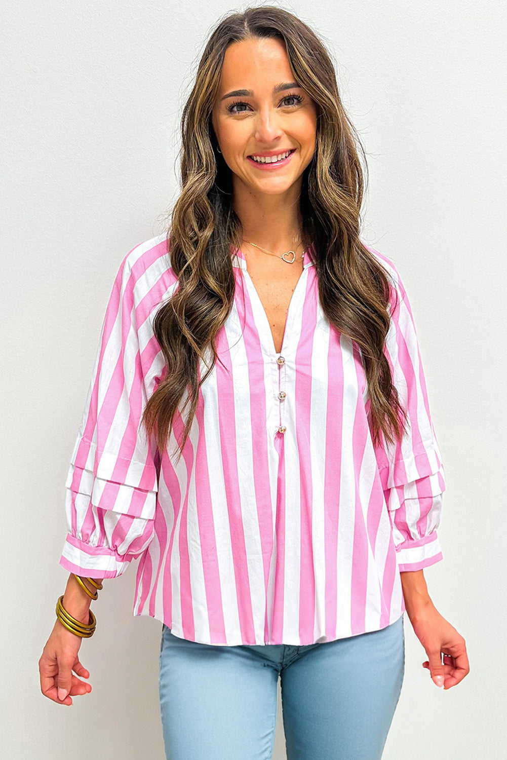 Rose Stripe Split Neck Button Decor Front Puff Sleeve Blouse 🇺🇸