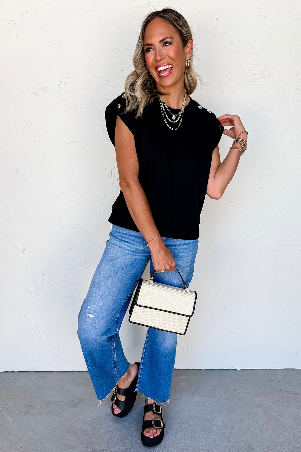 Black Casual Solid Short Sleeve Top with Metal Button Details 🇺🇸