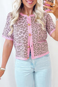 Pink Leopard Button Down Short Sleeve Sweater Cardigan 🇺🇸