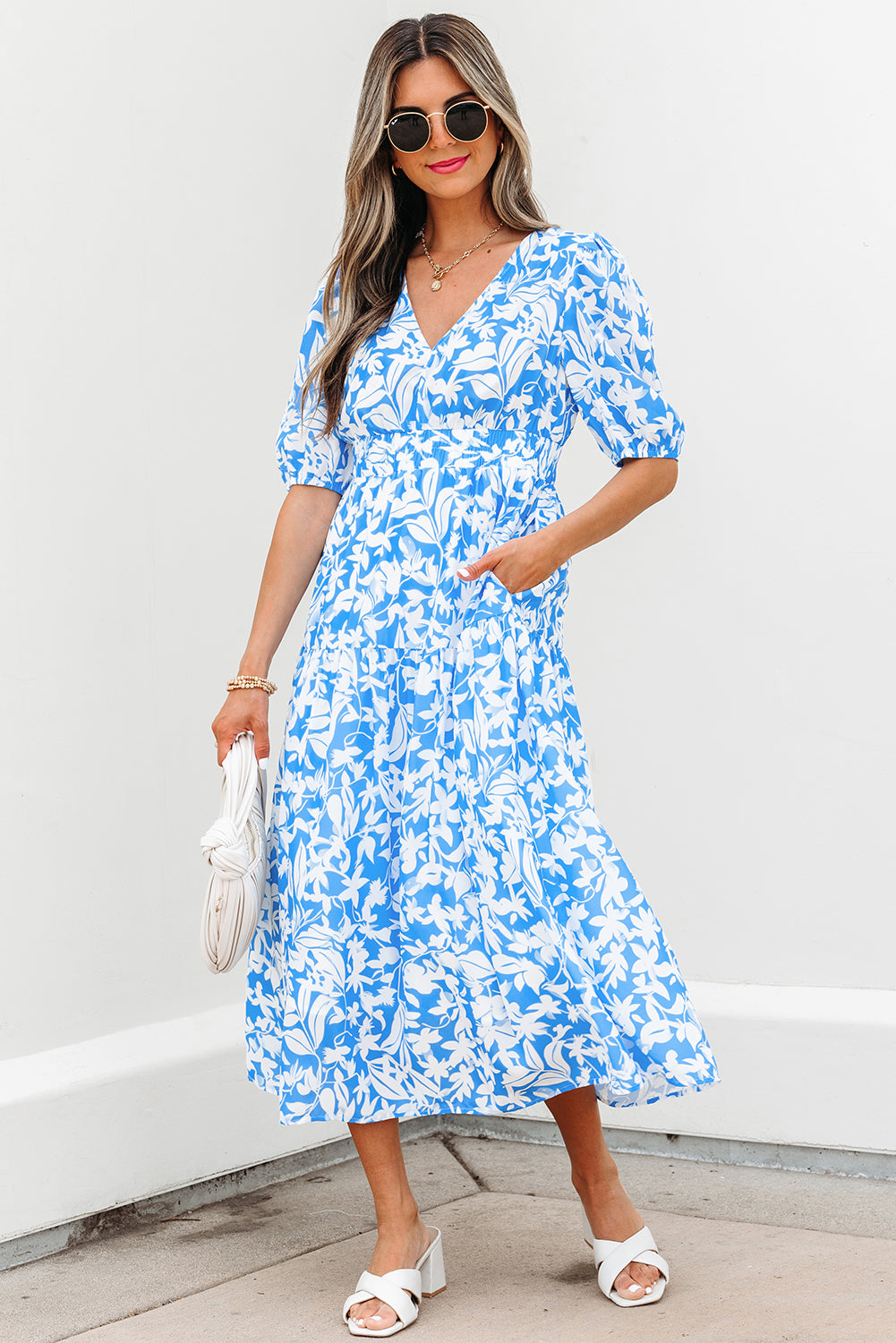 Sky Blue Floral V Neck Puff Short Sleeve Flowy Long Dress 🇺🇸