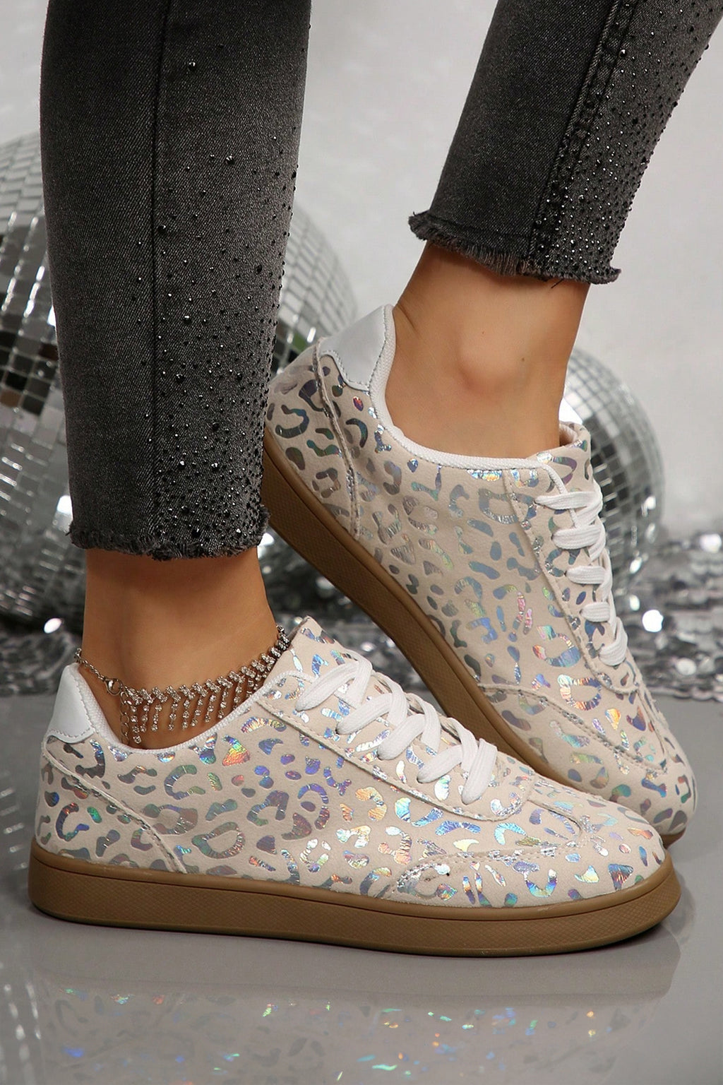White Shiny Leopard Print Training Shoes 🇺🇸