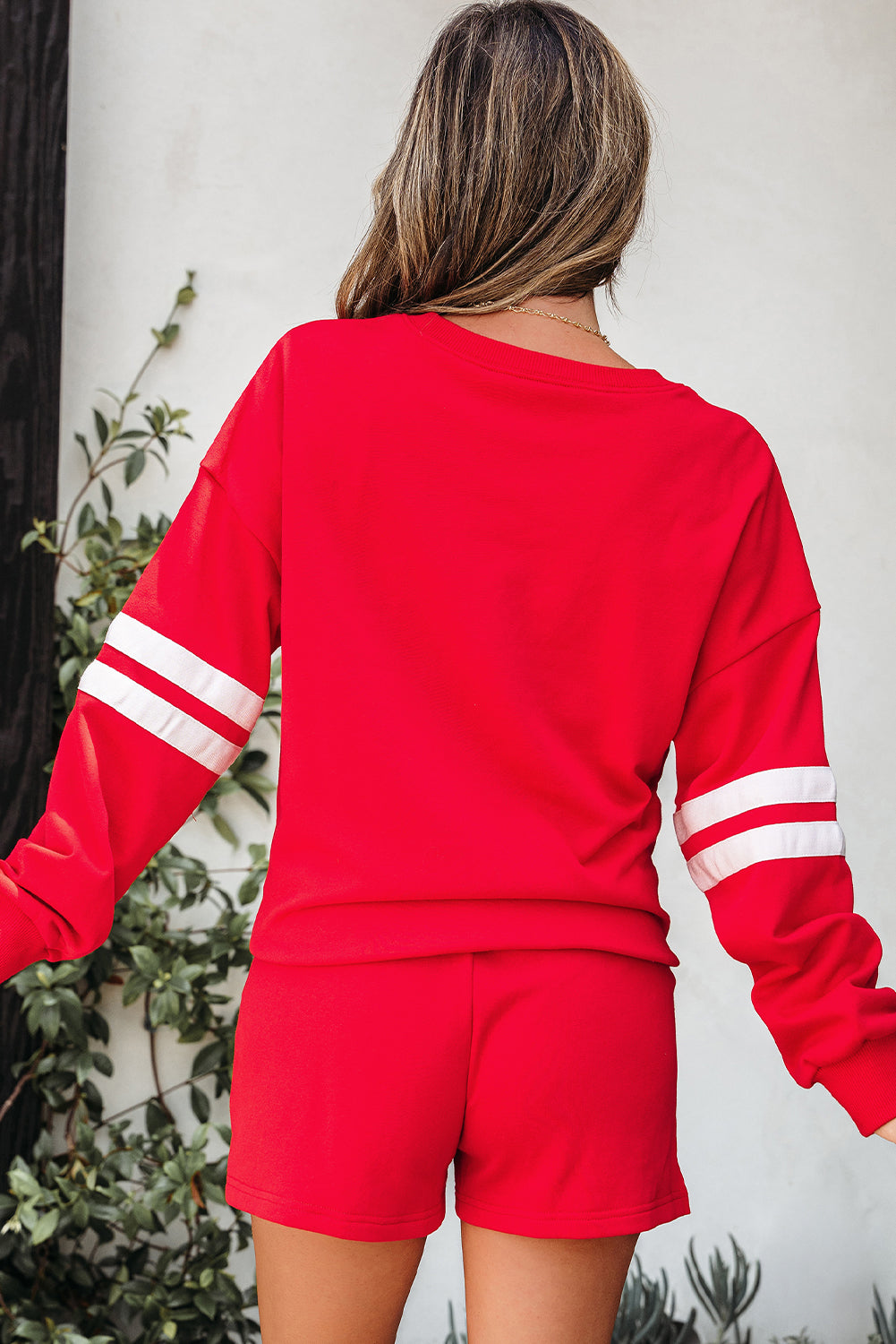 Fiery Red Varsity Striped Sleeve Drop Shoulder Sweatshirt and Short Set 🇺🇲
