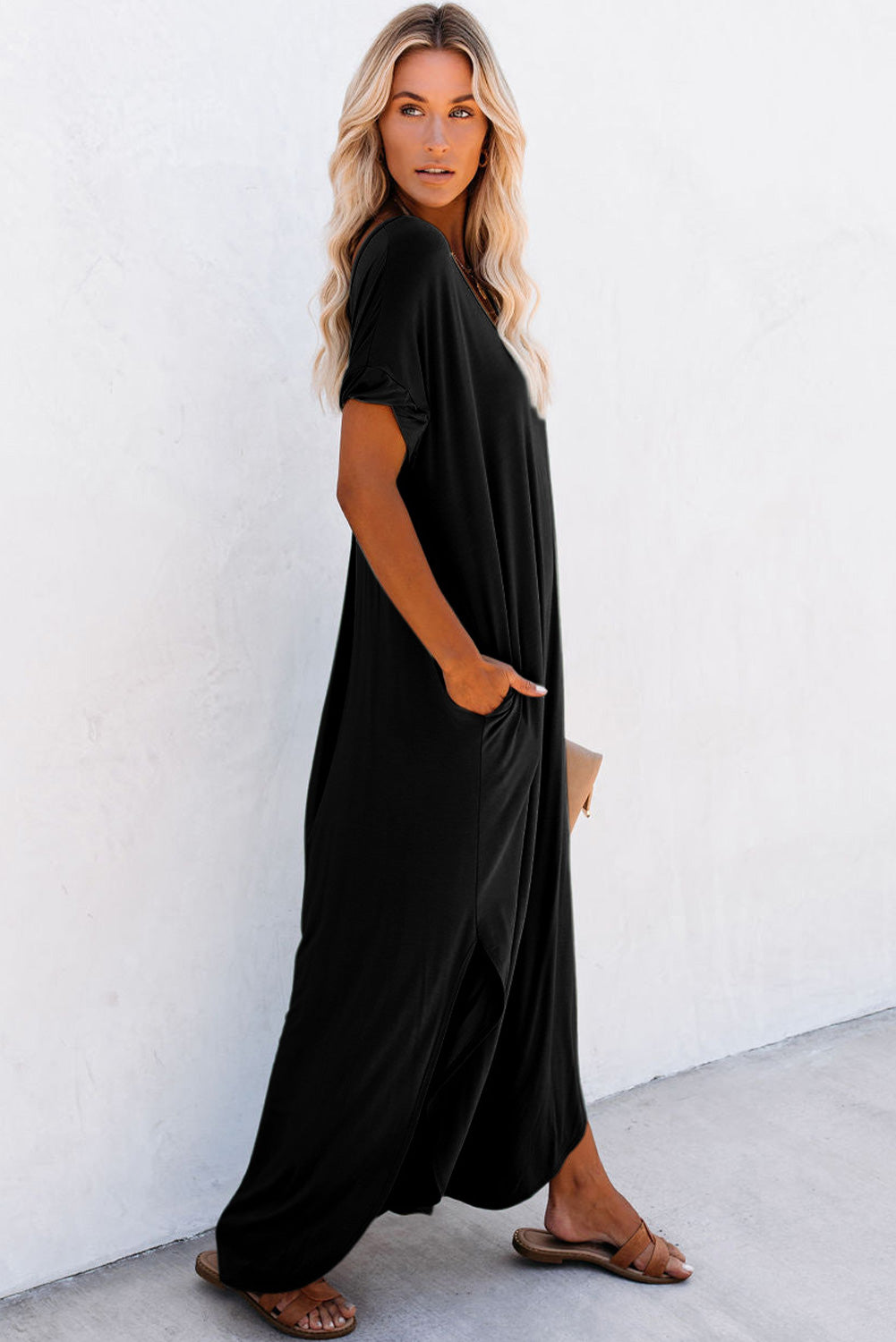 Black V Neck Hidden Pocket Splits Maxi T-shirt Dress 🇨🇳