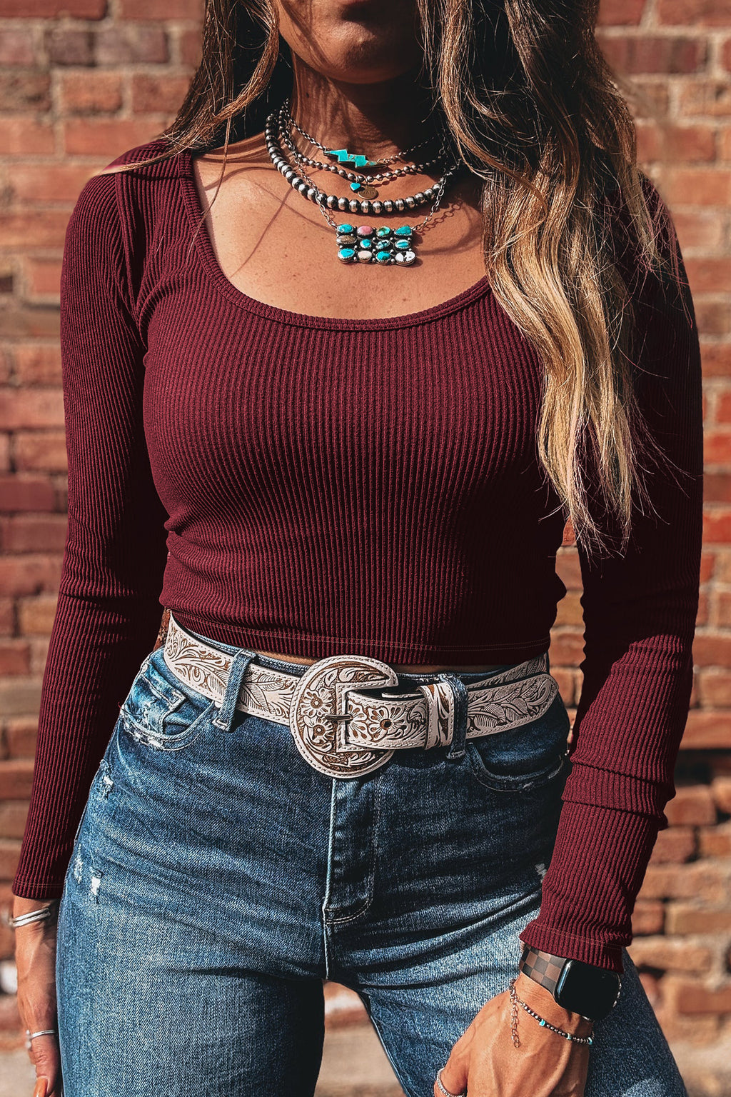 Coffee Ribbed Solid Color U Neck Cropped Long Sleeve Top 🇺🇸