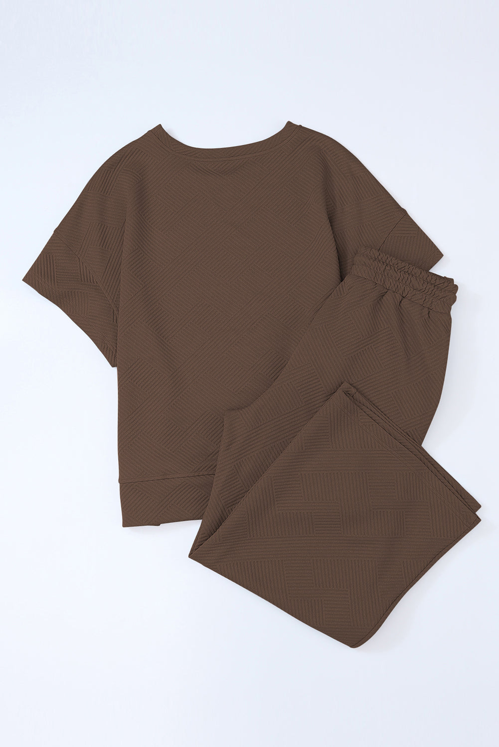 Brown Textured Loose Fit T Shirt and Drawstring Pants Set 🇨🇳