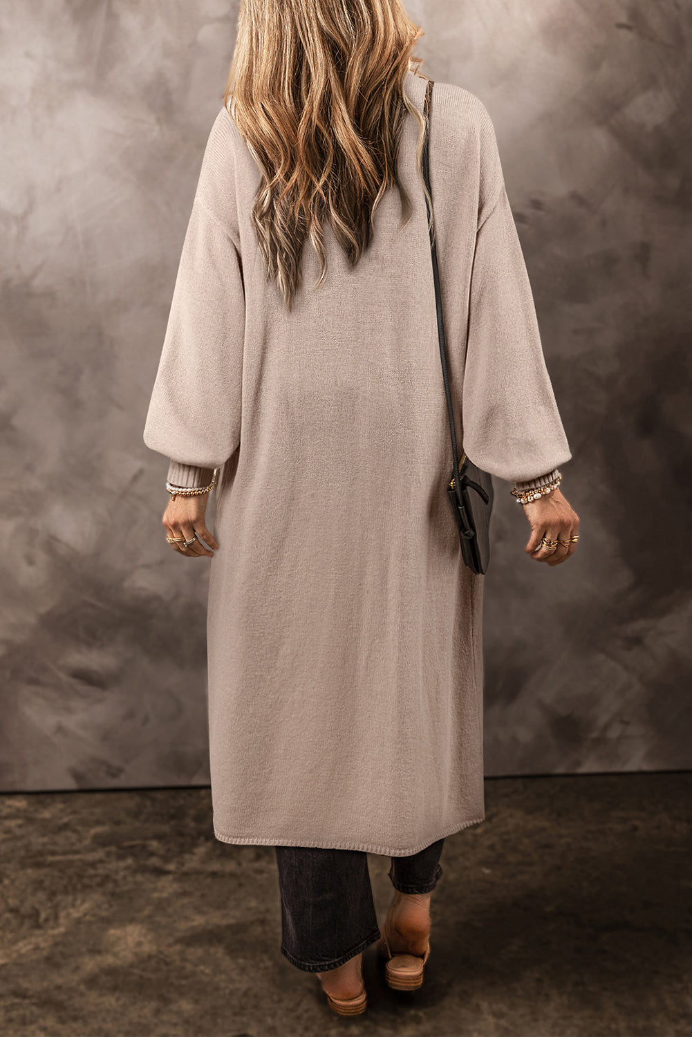 Beige Side Pockets Open Front Long Knitted Cardigan 🇨🇳