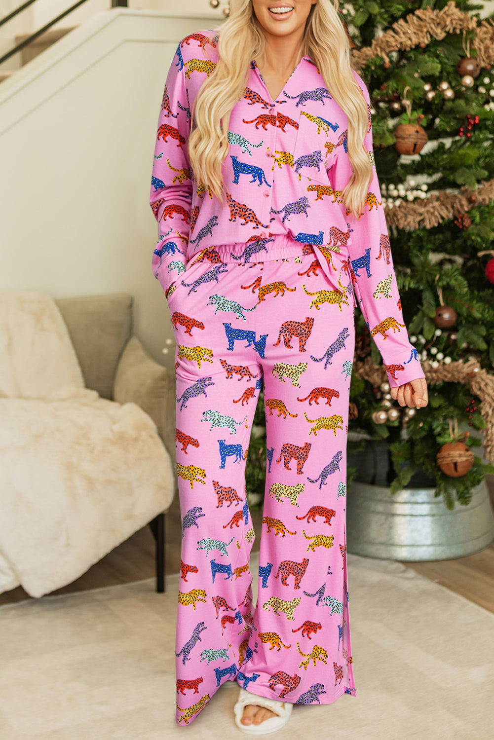Pink Cheetah Print Shirt and Pants Pajama Set 🇺🇸