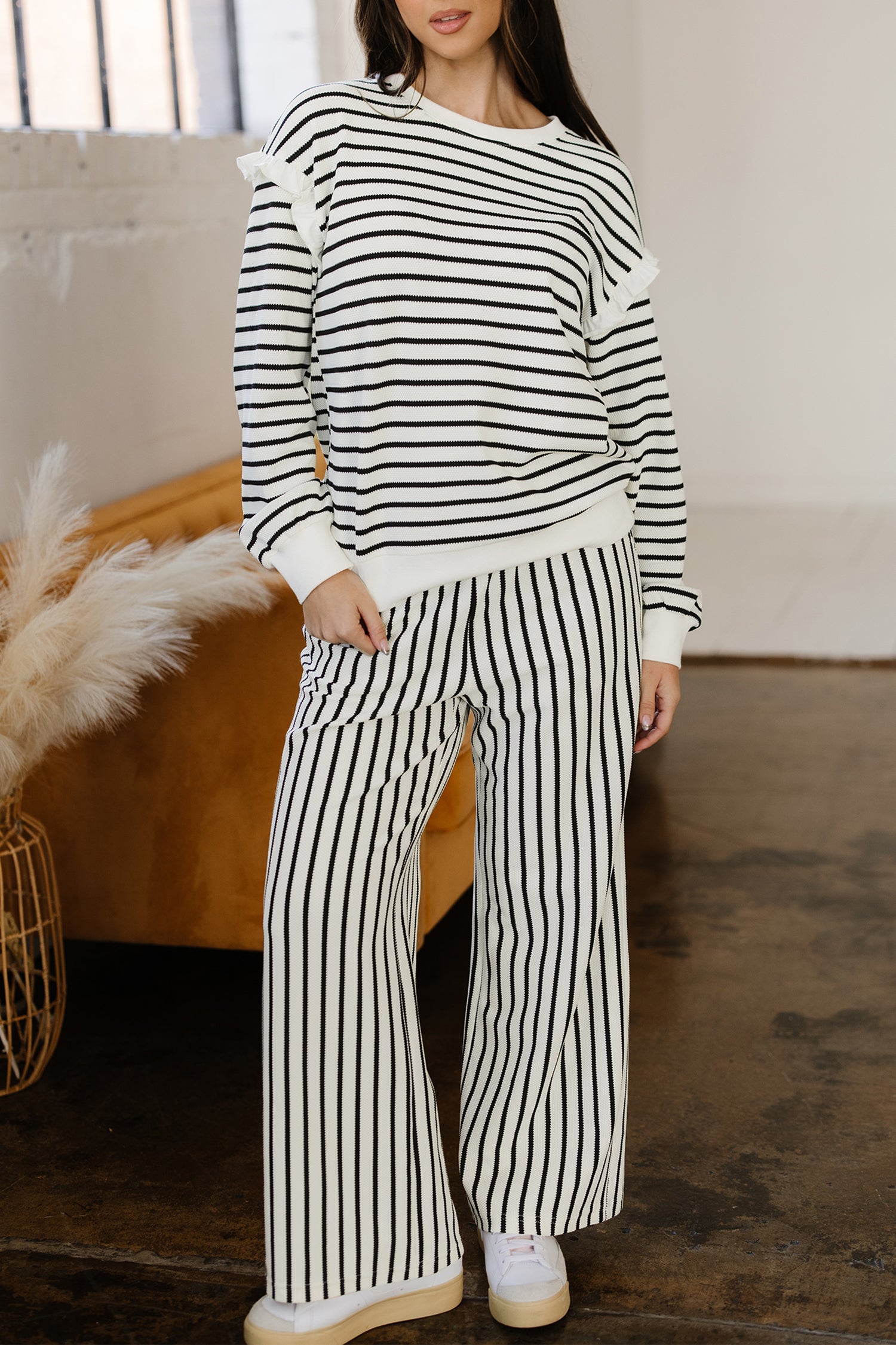 White Stripe Ruffle Trim Drop Shoulder Top Drawstring Loose Pant Set 🇺🇸