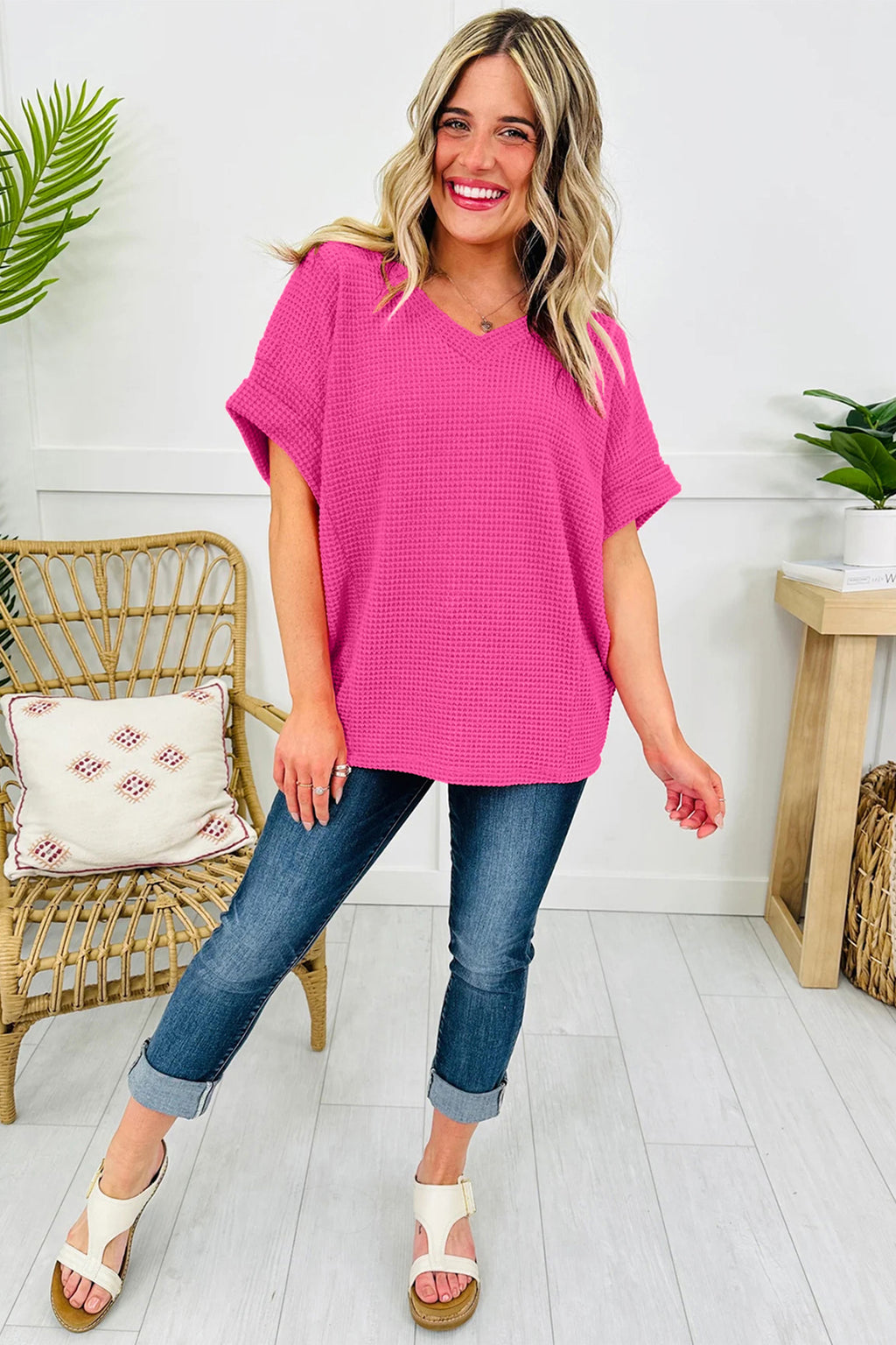 Strawberry Pink Waffle V Neck Short Sleeve Knit Top 🇺🇸