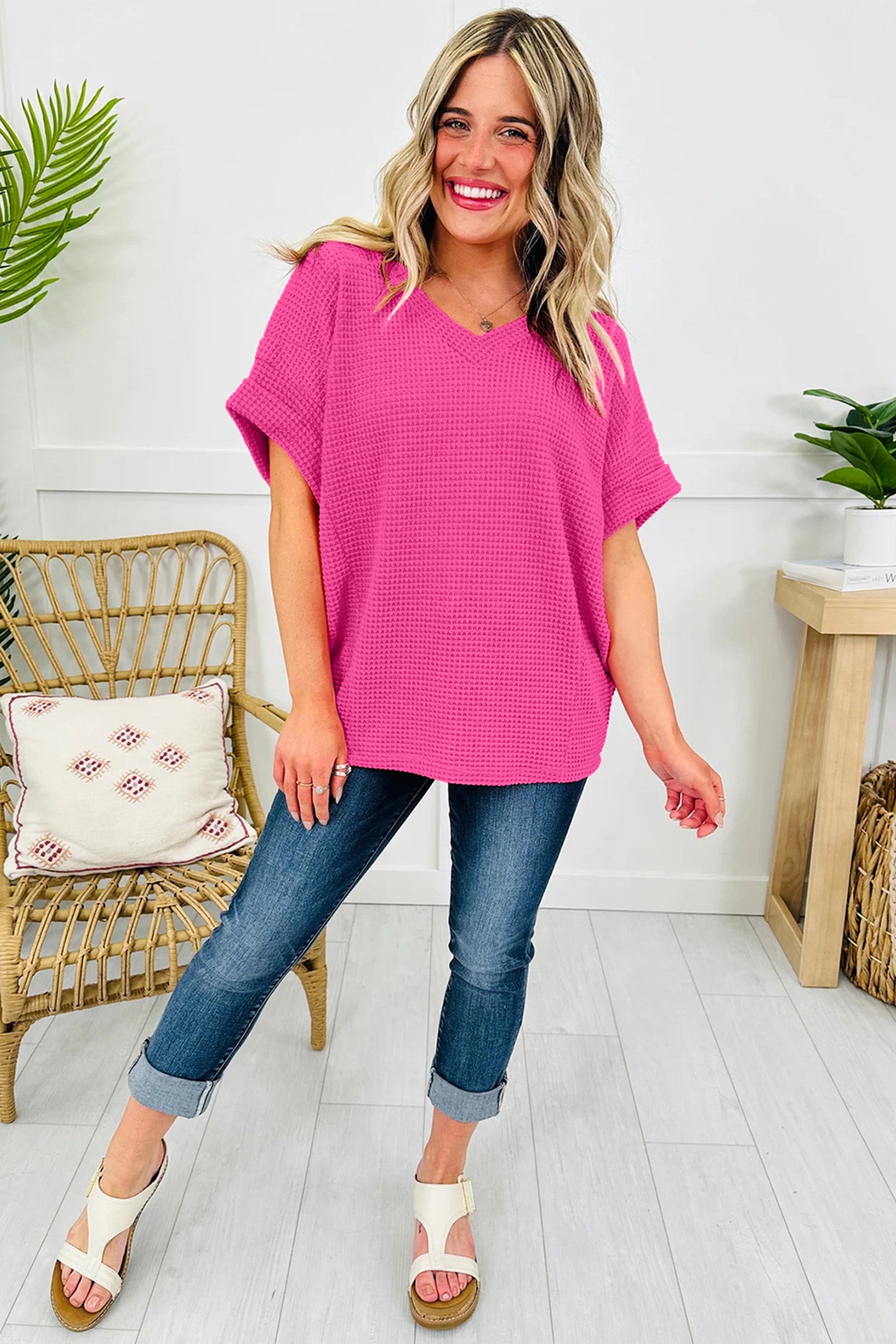 Strawberry Pink Waffle V Neck Short Sleeve Knit Top 🇺🇸