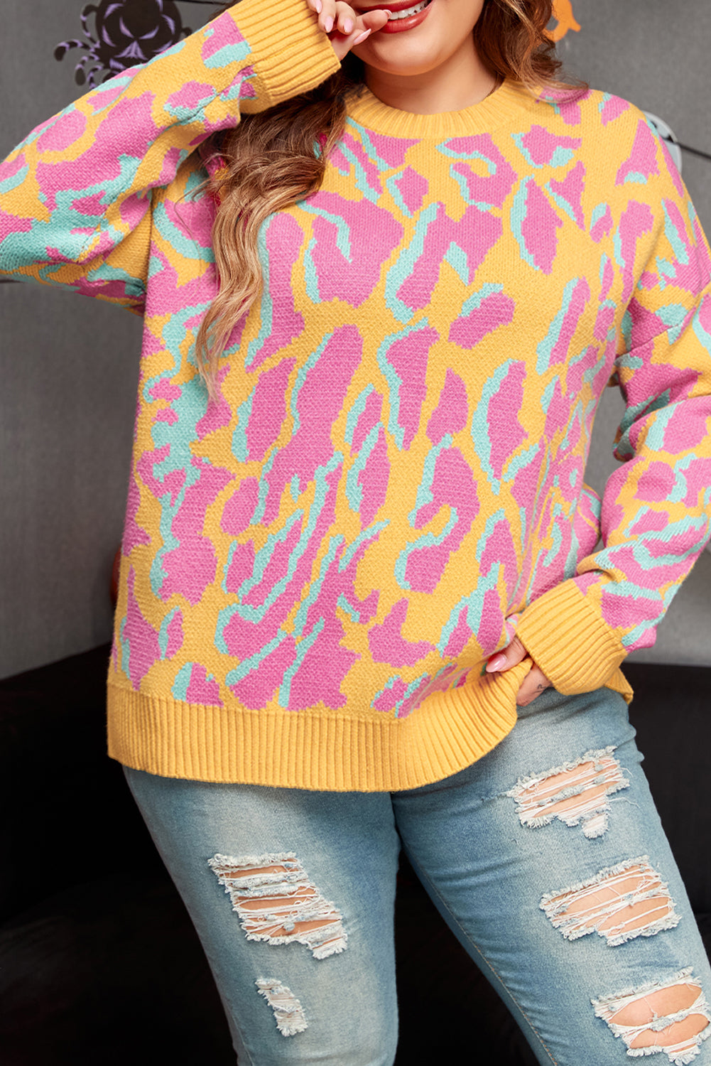 Bright Pink Plus Size Leopard Ribbed Trim Sweater 🇺🇸