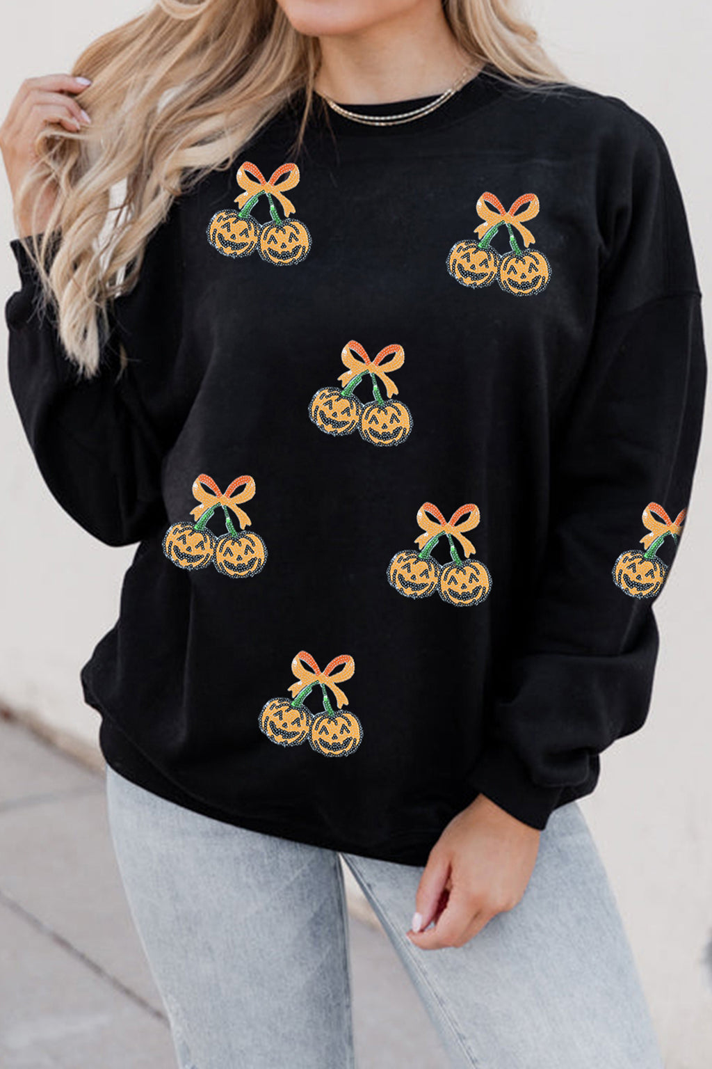 Black Halloween Sequin Pumpkin Graphic Relaxed Pullover Sweatshirt