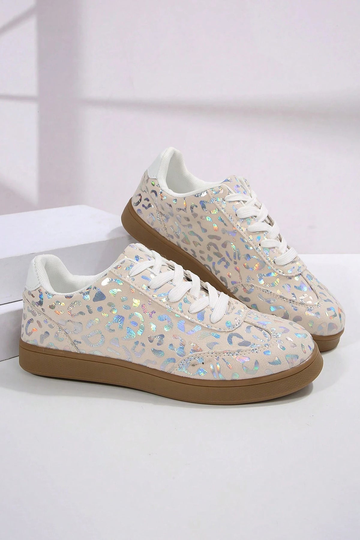 White Shiny Leopard Print Training Shoes 🇺🇸