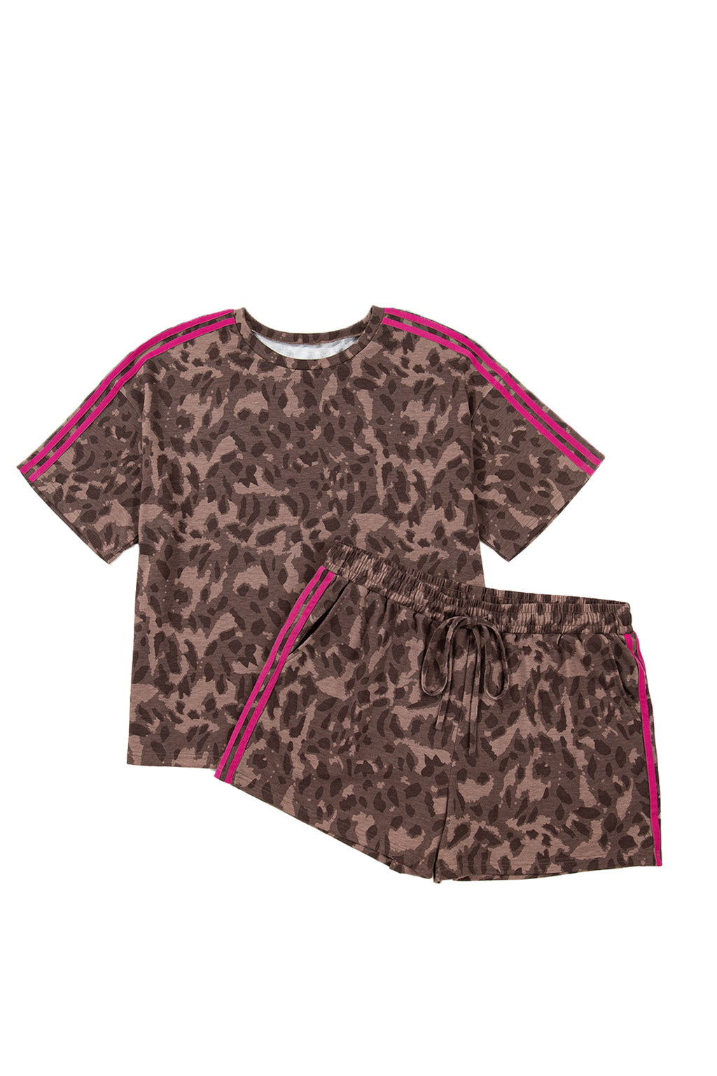 Brown Retro Leopard Print Contrast Varsity Stripe Trim Plus Size 2pcs Short Set 🇺🇸