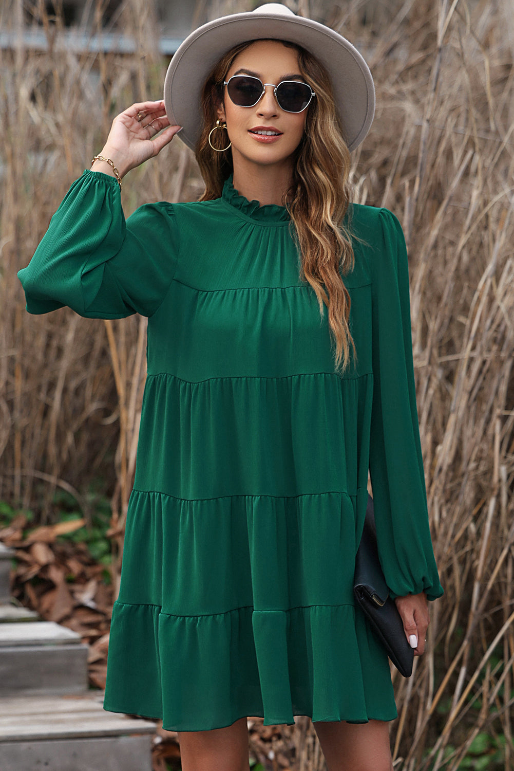 Green Puff Sleeve Mock Neck Back Knot Tiered Dress 🇺🇸