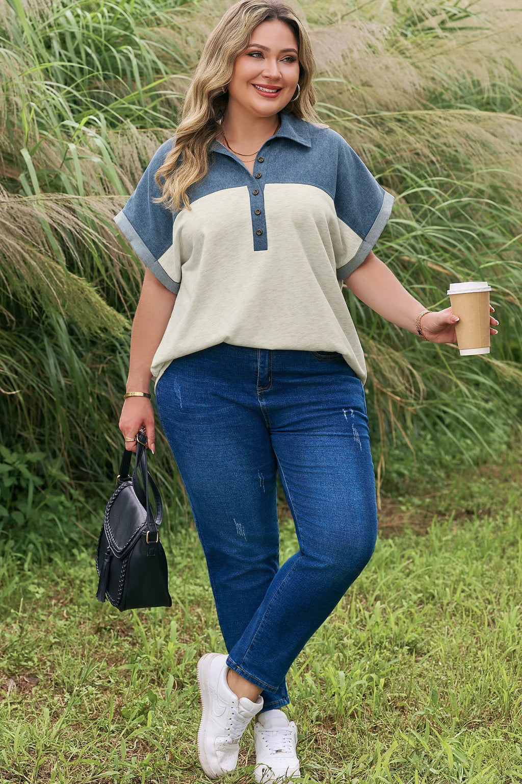 Light Grey Half Buttons Collared Denim Patchwork Plus Short Sleeve Top 🇺🇸