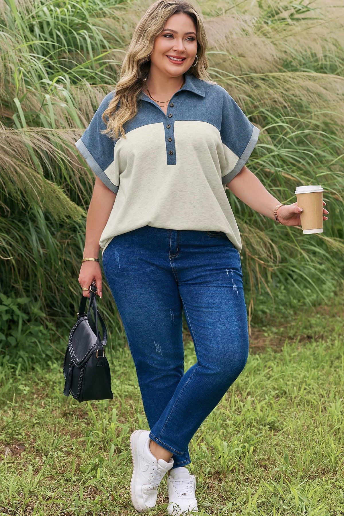 Light Grey Half Buttons Collared Denim Patchwork Plus Short Sleeve Top 🇺🇸