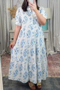 Sky Blue Plus Size Geometric Floral Print Button Split Neck Short Sleeve Maxi Dress 🇺🇸