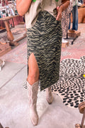 Brown Leopard Print Side Split Frayed Hem Denim Midi Skirt 🇺🇸