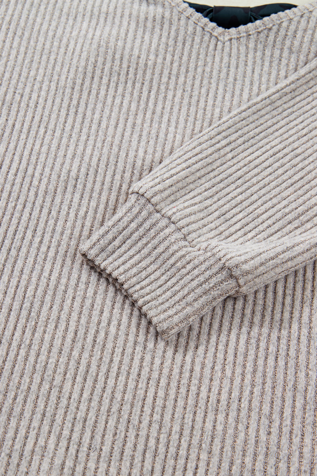 Simply Taupe Ribbed V Neck Contrast Ribbon Bow Back Drop Shoulder Long Sleeve Top 🇺🇸