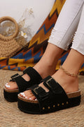 Black Suede Buckle Decor Footbed Sandal Slippers 🇨🇳