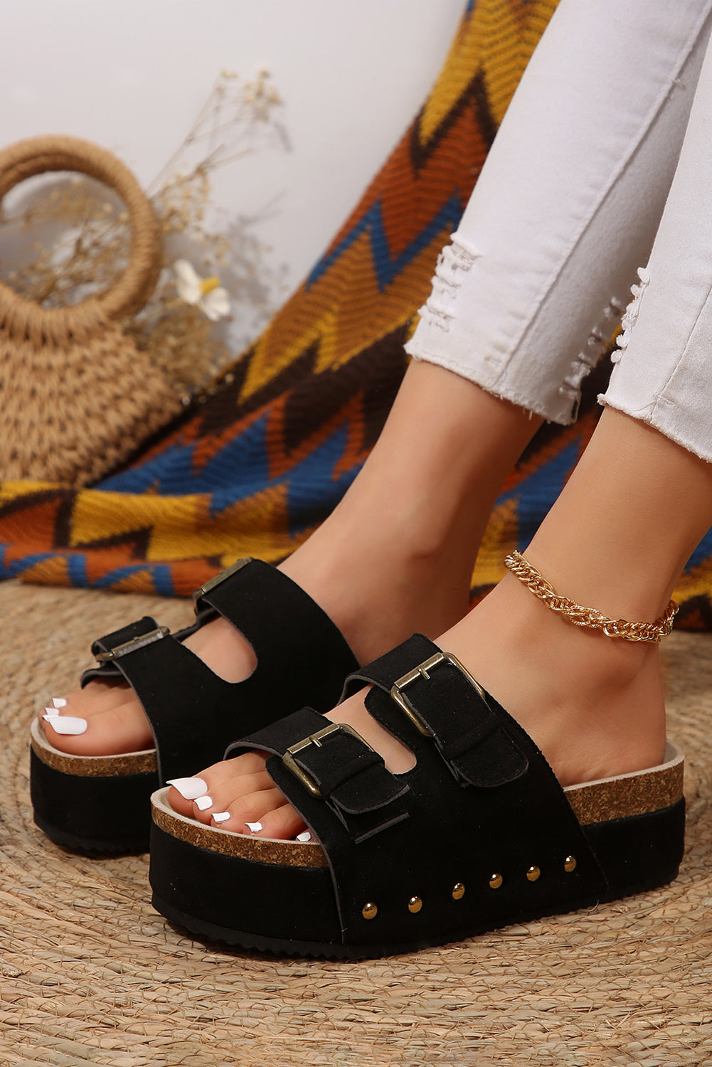 Black Suede Buckle Decor Footbed Sandal Slippers 🇨🇳