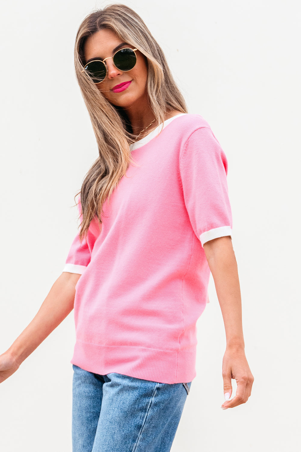Bonbon Colorblock Bow V-Shape Cut Back Short Sleeve Sweater 🇨🇳