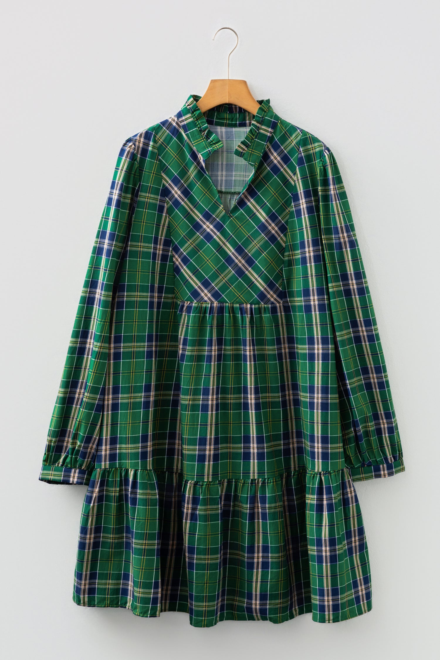 Green Plus Size Plaid Long Sleeve Notched Neck Shift Mini Dress 🇺🇸