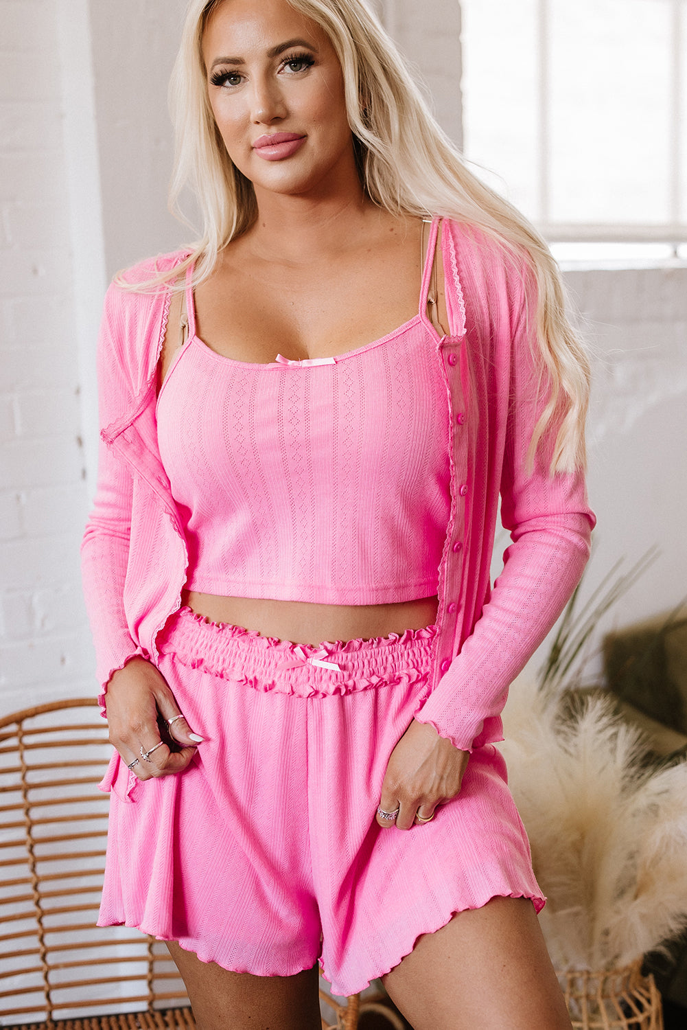 Bonbon Delicate Texture Cropped Cami Shorts and Cardigan 3pcs Lounge Set 🇨🇳