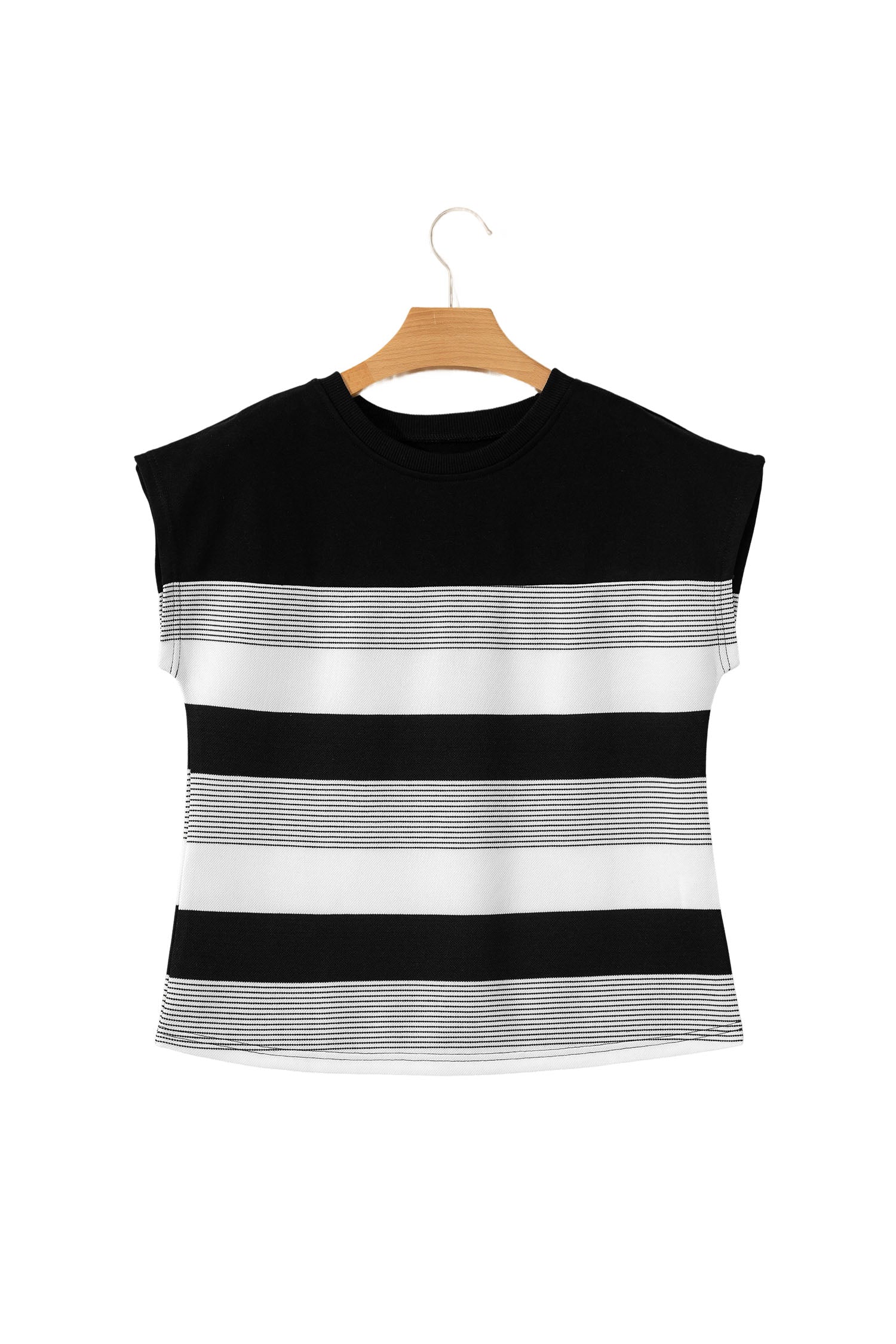 Black Stripe Mixed Print Crew Neck Cap Sleeve T Shirt 🇺🇸