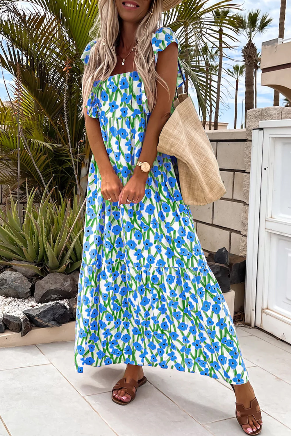 Blue Floral Print Square Neck Ruffled Strap Maxi Dress 🇨🇳