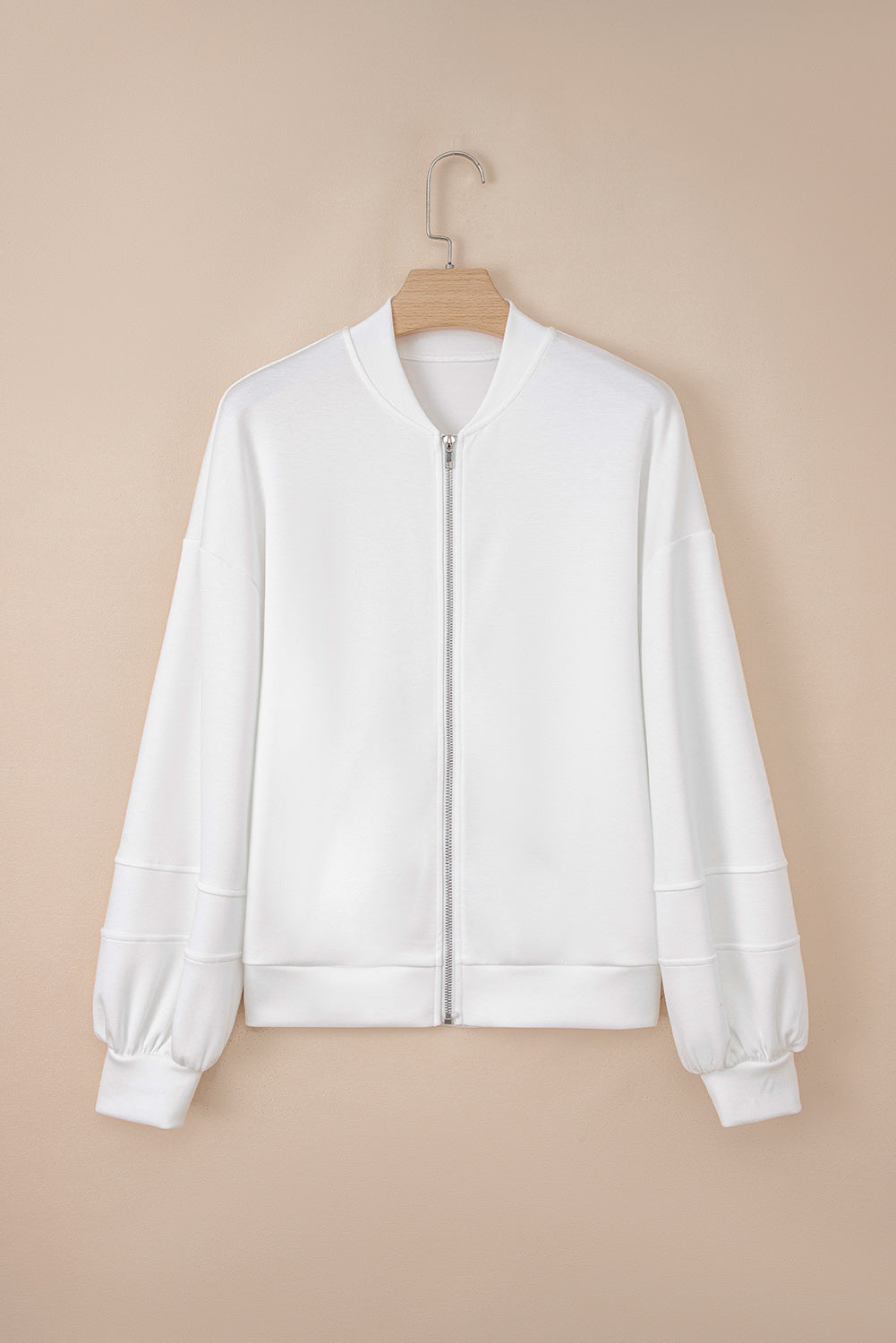 White Solid Color Zip Up Knit Puff Sleeve Jacket 🇺🇸