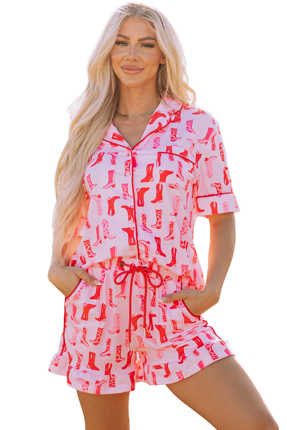 Pink Western Cowgirl Boots Printed Shirt Ruffled Shorts Pajama Set 🇨🇳