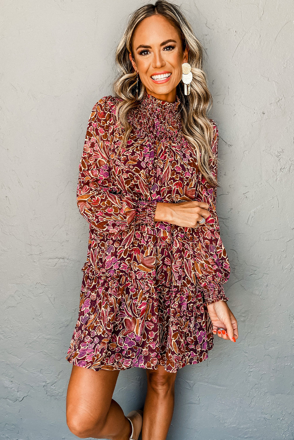 Red Floral Print Long Sleeve Shirred High Neck Loose Mini Dress 🇺🇸