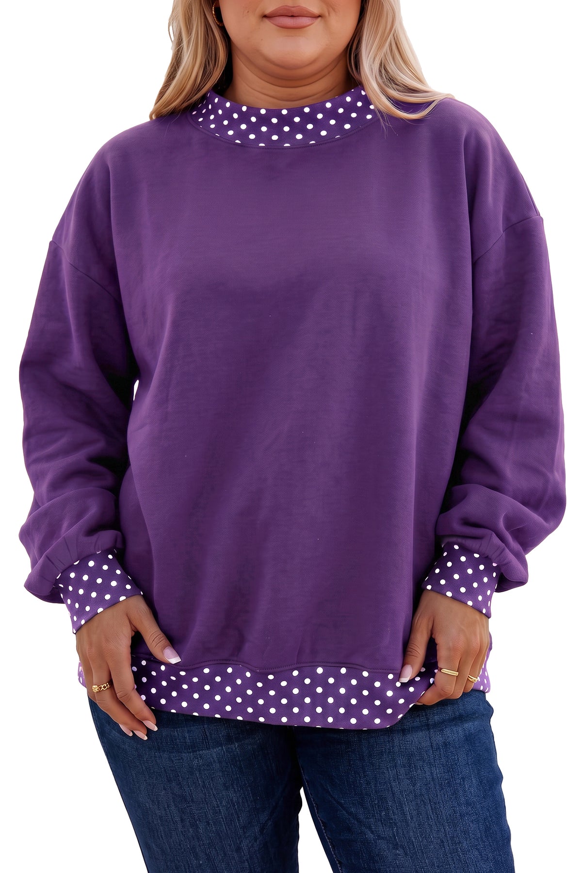 Burgundy Polka Dot Patchwork Round Neck Plus Size Sweatshirt 🇺🇸