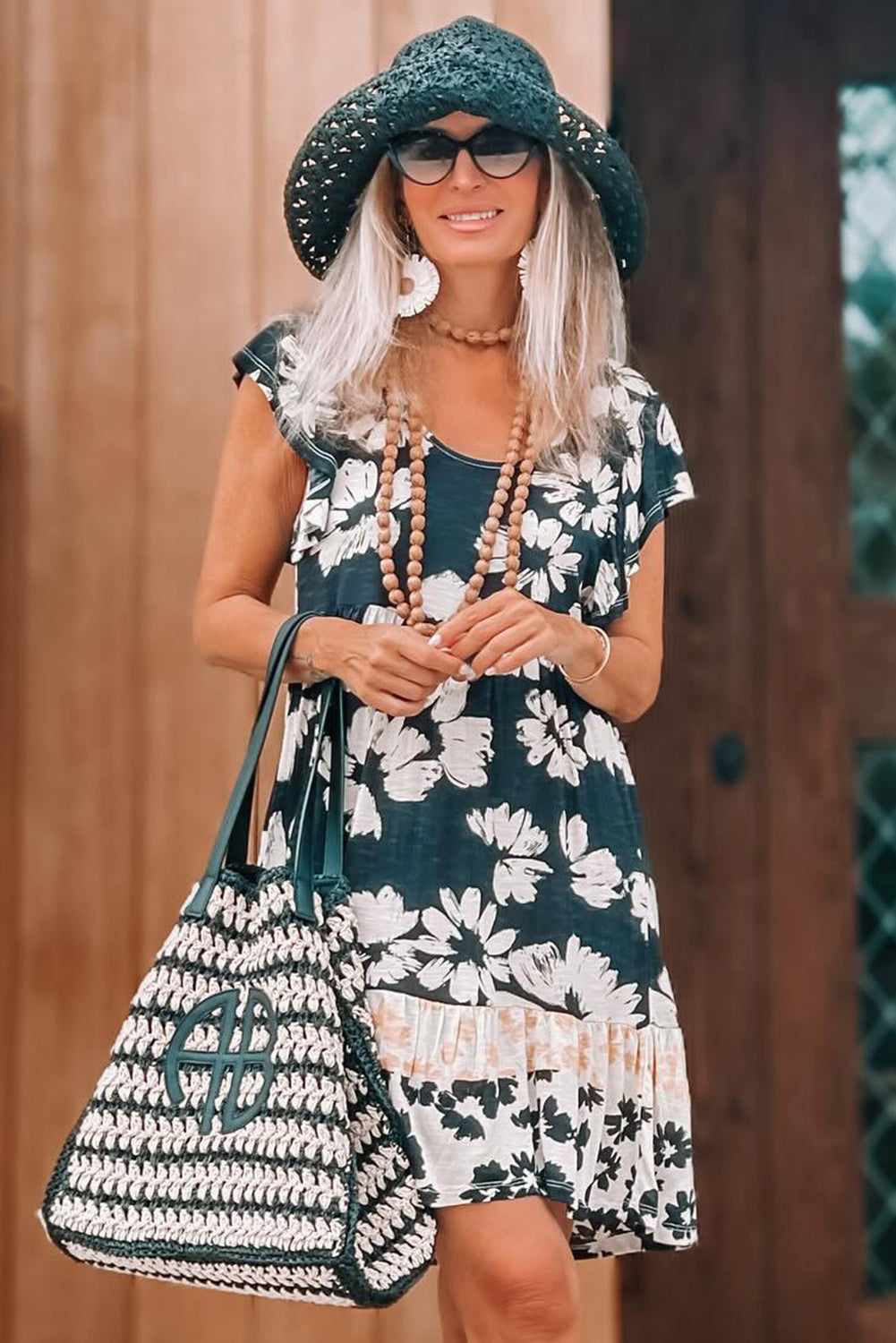 Green Floral Print Ruffle Sleeve Empire Waist Mini Dress 🇨🇳