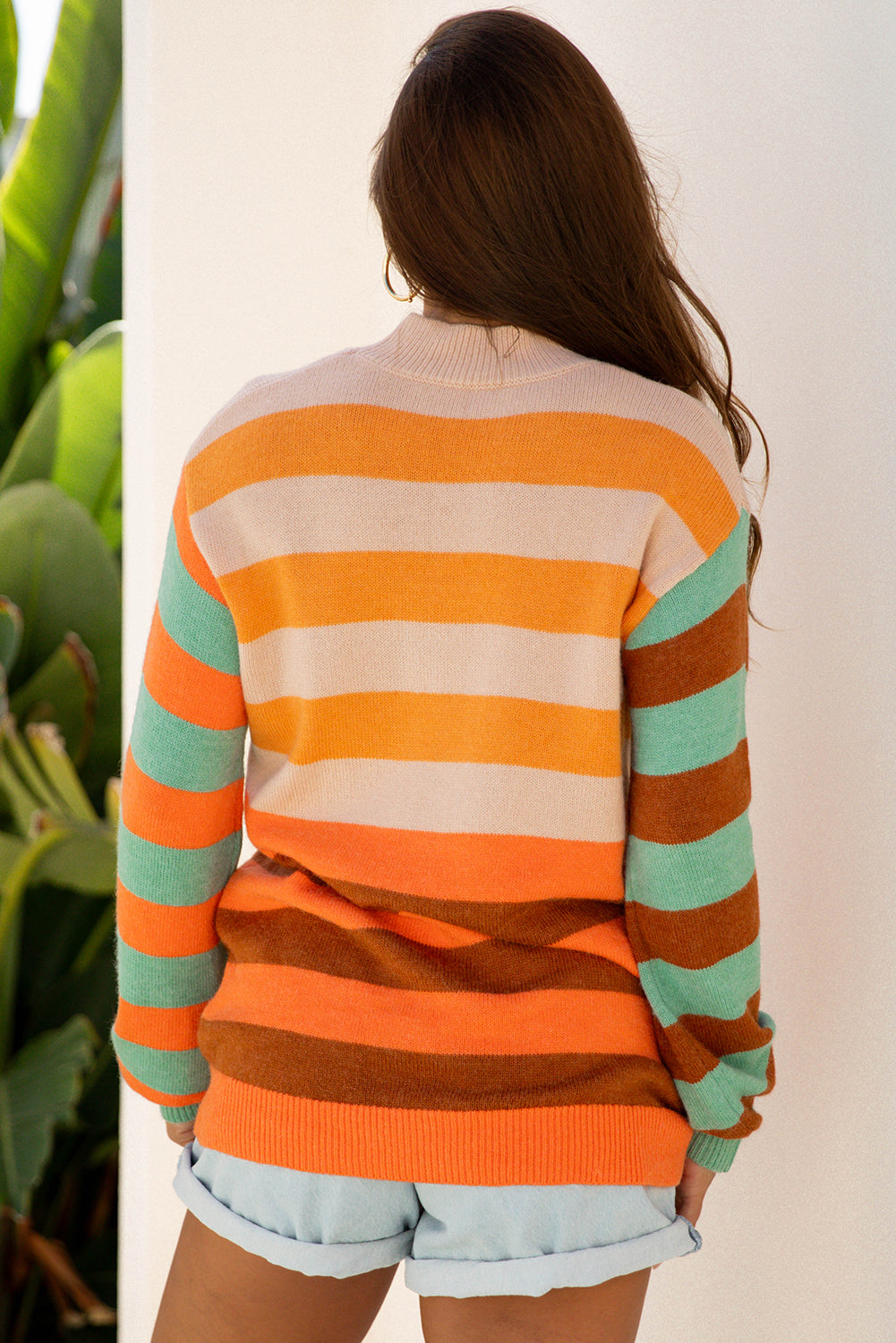 Orange Stripe Color Block High Neck Drop Shoulder Cozy Sweater 🇺🇲